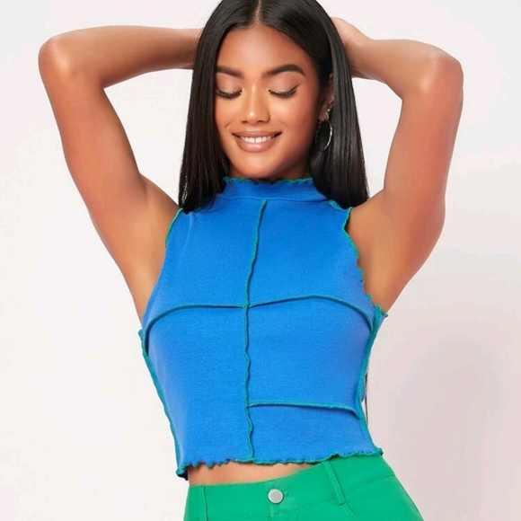 SHEIN Tops - New Blue & Green Mock Neck Lettuce Trim Seam Front Tank Top XL